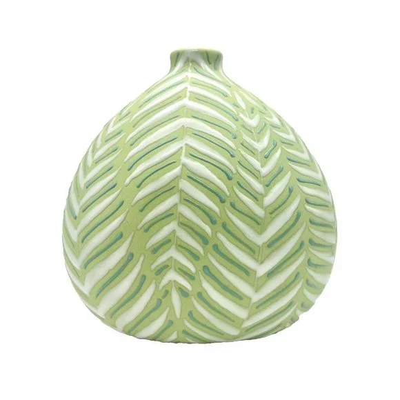 Crate and Barrel Leaf Vase Green and White with Enamel Fern Leaves Botanical - Picture 3 of 8